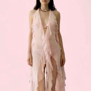 Pink Sheer Ruffle Cover-Up Sleeveless Beach Dress